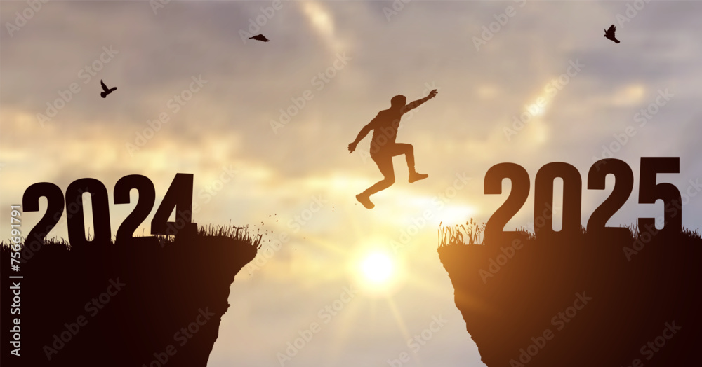 A young man jump between 2024 and 2025 years. Concept vector illustration over the sun and