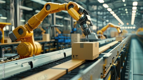 Automated conveyor belt in logistic warehouse packing and shipping cartboard boxes with artificial inteligence robot arm