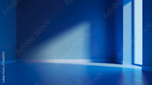 Rays  spotlights light. Empty dark scene with blue light. Asphalt blue dark background with smoke.