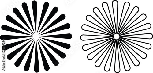 Sunburst element radial stripes or sunburst backgrounds icons set. Collection of rays design. Retro stars black vector isolated on transparent. Editable stock line and flat geometric sunburst symbol.