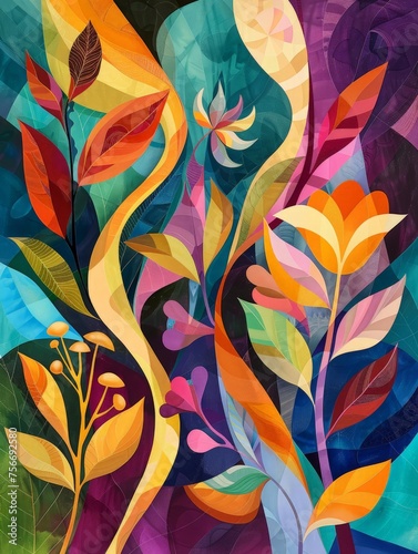 A painting showcasing an array of colorful flowers and leaves in vivid hues  creating a lively and dynamic visual composition.