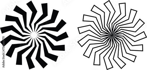 Sunburst element radial stripes or sunburst backgrounds icons set. Collection of rays design. Retro stars black vector isolated on transparent. Editable stock line and flat geometric sunburst symbol.