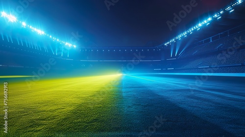 Evening stadium arena soccer field championship win. Confetti and tinsel . Yellow toning. Wide angle smoke in blue and yellow background photo