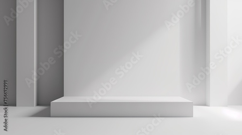 Cylindrical white ceramic podium on white background with many plant shadows. Perfect platform for showing your products. Three dimensional illustration © Damerfie