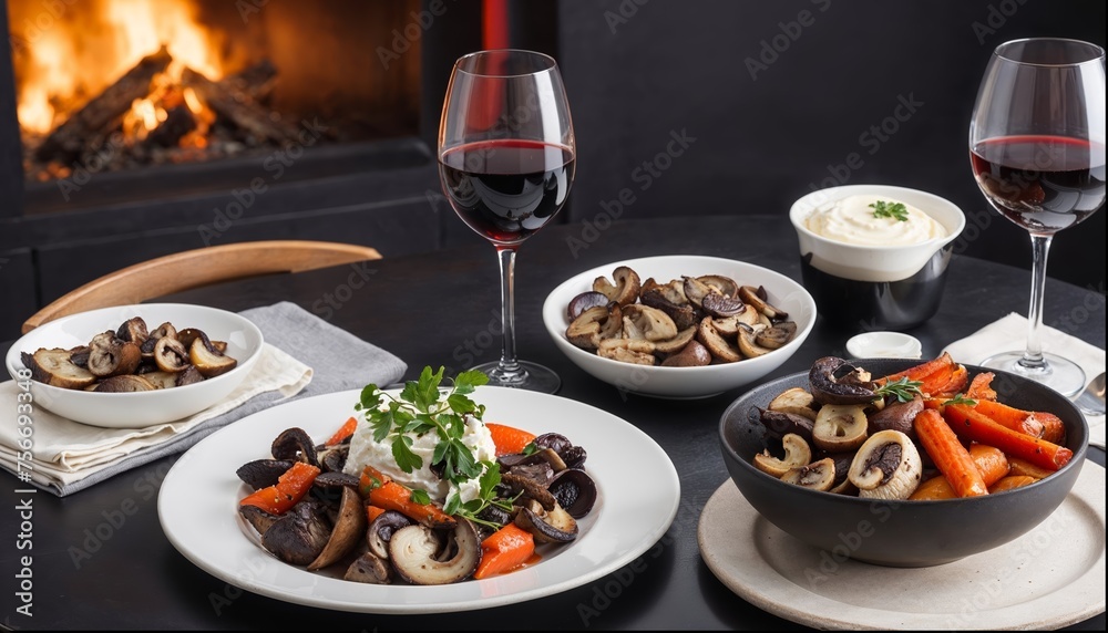 A table with a variety of vegetables, mushrooms and wine, including mashed potatoes and carrots.