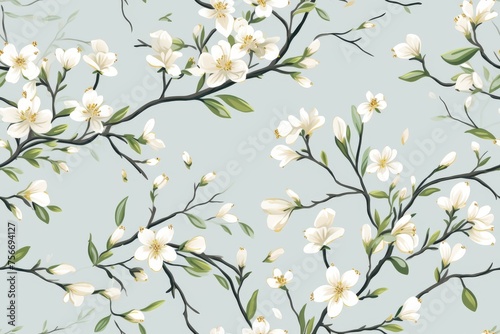 Fresh floral pattern tile with plum tree blossoms  decorative background