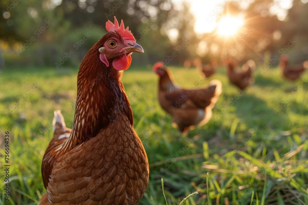 A striking image of a red hen standing in a field with sunlight highlighting its features and other hens in the background A striking image of a red hen standing in a field with sunlight highlighting its features and other hens in the background