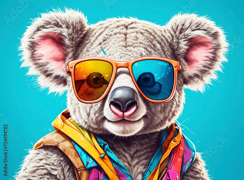 Cartoon colorful koala with sunglasses, a playful depiction of a laid-back koala enjoying the summer sun © Viktoryia