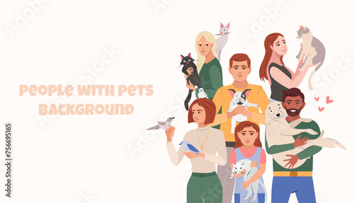 People with pets portrait background. Woman man holding dogs, cats, birds. Pet owners and cute domestic animals flat vector composition for banner design.