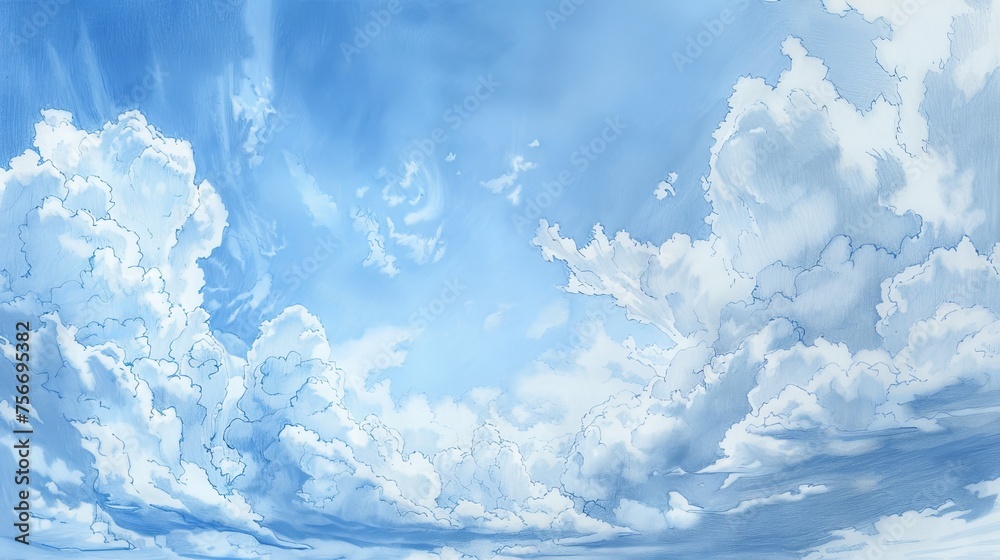 A serene pencil art illustration capturing the essence of a simple blue sky - obrazy, fototapety, plakaty 
