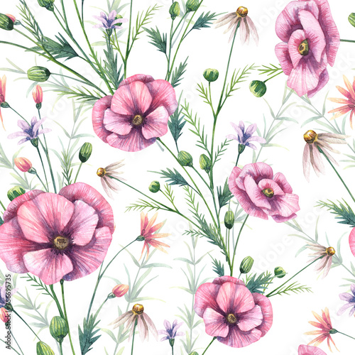 Cute pink flowers wallpapers. Floral seamless pattern. Watercolor hand drawn flowers and green leaves  plant stems. Poppies  peony bud  green grass