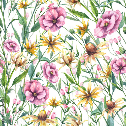 Flowers and herbs wallpapers. Floral seamless pattern. Watercolor hand drawn flowers and green leaves, plant stems. Dandelion, spring flowers, chamomile, poppies, peonies, green grass and twigs © Daria Doroshchuk
