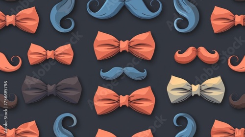 A playful and stylish seamless pattern featuring an array of bow ties and moustaches