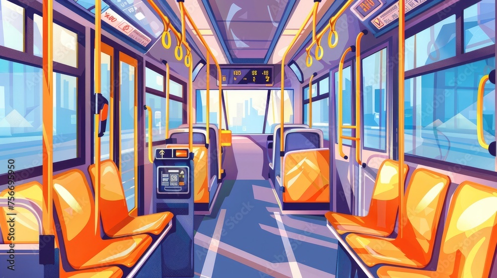 Fototapeta premium A detailed view of an empty bus interior showcasing public transport's modern amenities