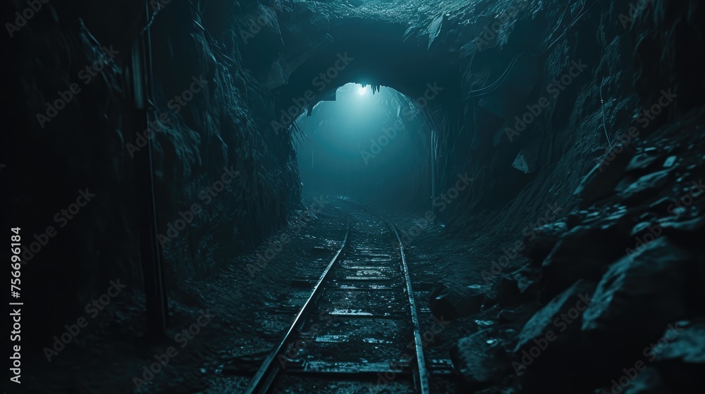 Desolate Subterranean Passage: Railroad in Darkness