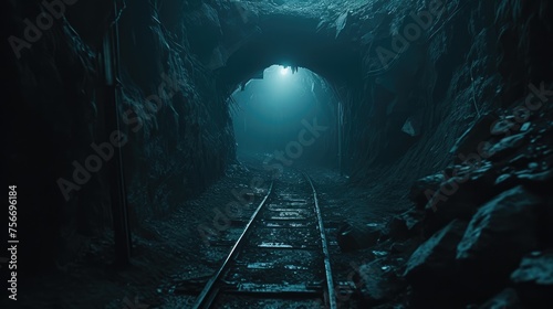 Desolate Subterranean Passage: Railroad in Darkness