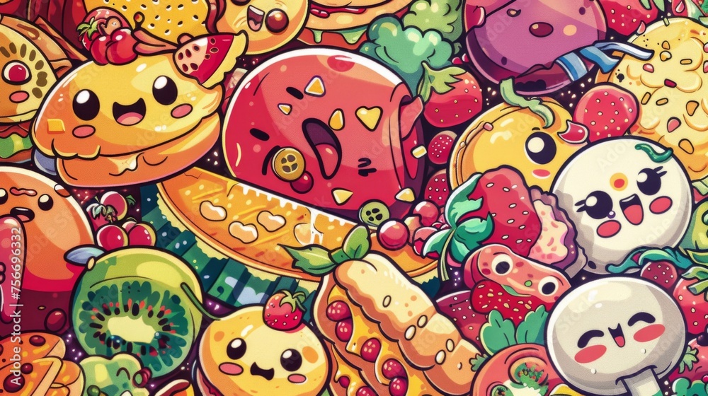 A cheerful scene with adorable food characters having fun and wearing overly cutesy smiles in a welcoming colour scheme