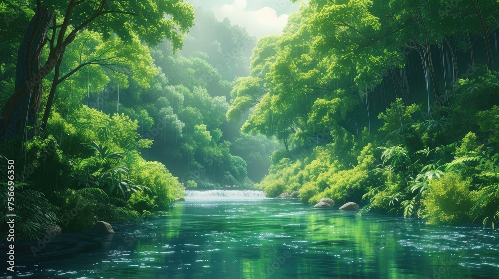 Serenity in the Emerald Canopy: Rainforest River Scene