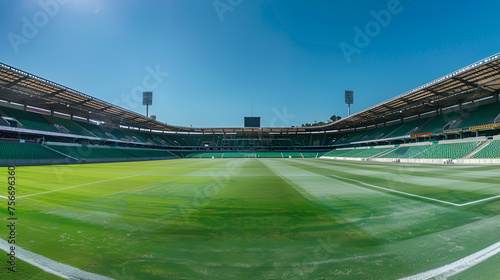 Panorama of empty football stadium. Top view. 3D Illustration Sprinklers On The Football Pitch At Night Shot On Smartphone Slow Motion, Generative Ai © shehzad