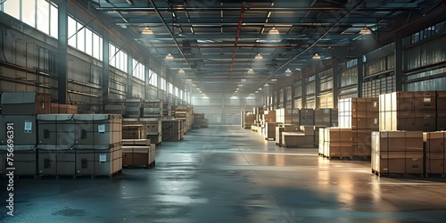 A warehouse interior with stacks of boxes ideal for visualizing inventory. Concept Warehouse Inventory, Stock Storage, Organized Boxes, Industrial Interior, Inventory Management