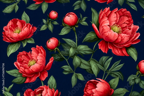 Pattern with red peonies on dark background