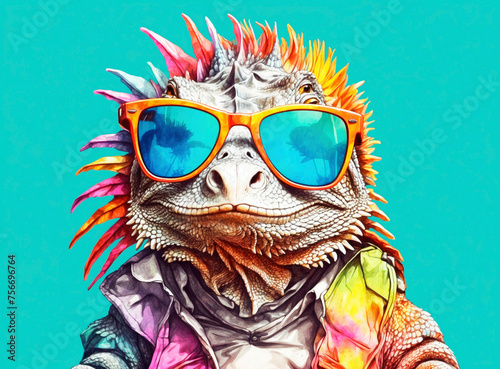 Cartoon colorful iguana with sunglasses, a playful image of a stylish iguana basking in the sun photo