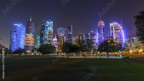 The skyline of Doha by night with starry sky seen from Park timelapse hyperlapse, Qatar