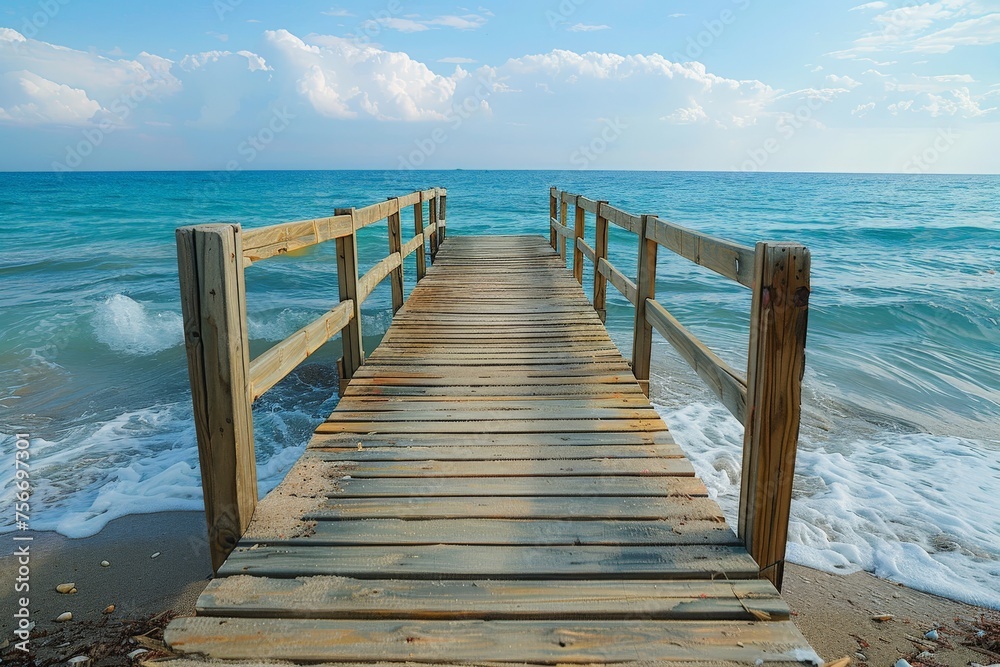 A wooden pier extending into the wavy turquoise sea against a blue sky, inviting thoughts of adventure and escape