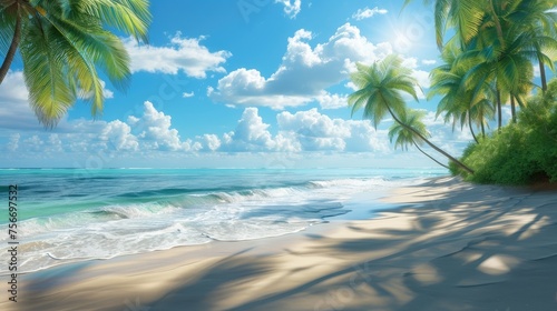 Serene Seaside Escape: Palms, Sand, and Sun © Andrii 