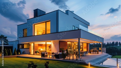 A night-time external view of a modern house, illuminated by sophisticated outdoor lighting