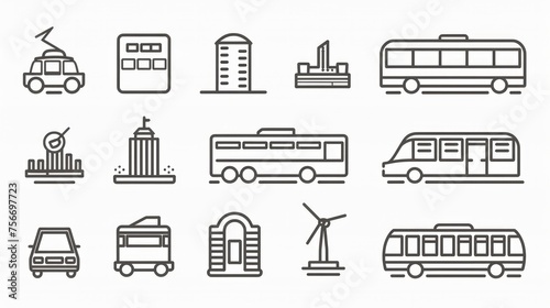 A comprehensive collection of public transport symbols, rendered in simple, elegant black lines