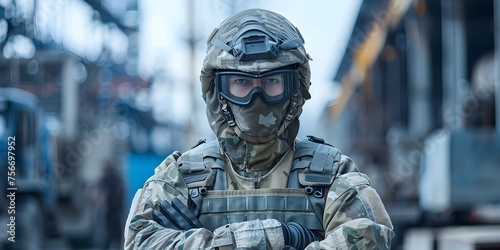 "Soldier in protective gear on antiterrorism duty during daylight hours". Concept Soldier in combat gear, Antiterrorism duty, Daylight operation, Military defense strategies, Protective gear,