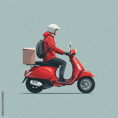 Flat vector illustration of a food delivery man on a red scooter with a box, viewed from the side, on a solid background color. © Photo And Art Panda