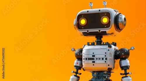 A robot with yellow eyes stands boldly against a vibrant yellow backdrop