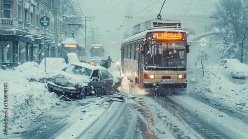 A harrowing scene capturing a traffic accident amid a snowstorm, where a taxi service car and a public transport