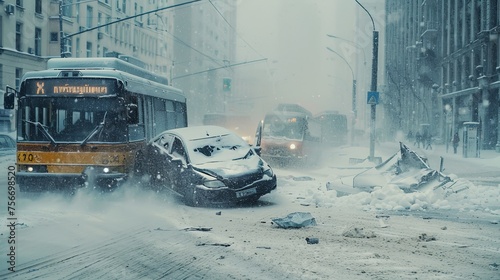 A harrowing scene capturing a traffic accident amid a snowstorm, where a taxi service car and a public transport