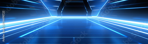 Futuristic banner backdrop with glowing blue grid lines and dynamic architecture