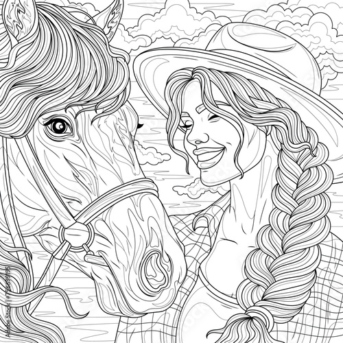 A woman in a hat and a horse.Coloring book antistress for children and adults.