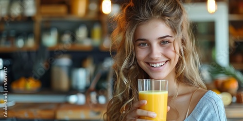 Portrait of a beautiful young woman holding a glass of orange juice and smiling while standing in the kitchen at home. 