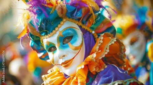 A person wearing a colorful mask and headdress in a festive display of cultural expression