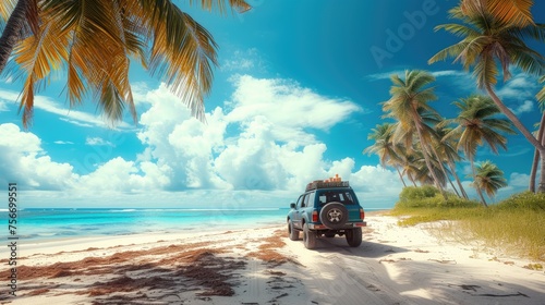 Caribbean Bliss: SUV Parked on Pristine Beach with Azure Sky