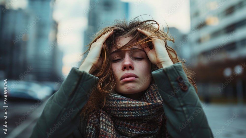 Fearful Woman Blocks Out Cityscape with Hands Fearful Woman Blocks Out Cityscape with Hands