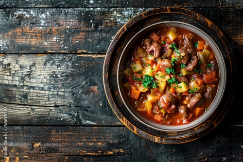 Hearty Bean and Beef Cassoulet, Garnished with Parsley on Wood