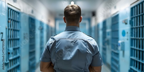 Confident prison guard ensures security by monitoring incarcerated individuals in prison cells. Concept Prison Guard, Security, Incarcerated Individuals, Monitoring, Prison Cells