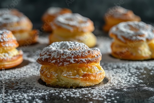 Golden Profiteroles with Powdered Sugar, Selective Focus