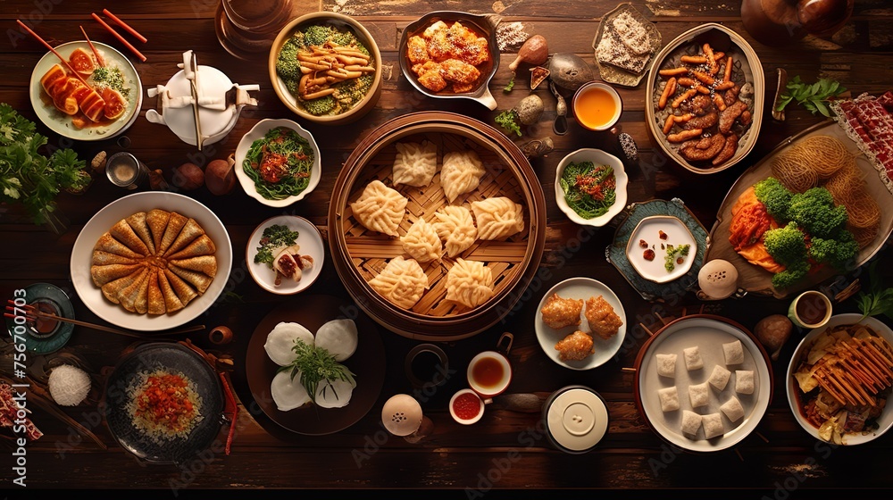 Assorted Chinese food set. Famous Chinese cuisine dishes on table. Top view. Chinese restaurant concept. Asian style banquet