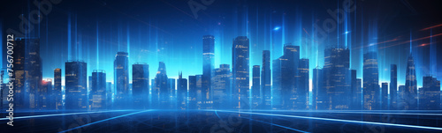 Banner background showcasing futuristic cityscape with glowing blue aura