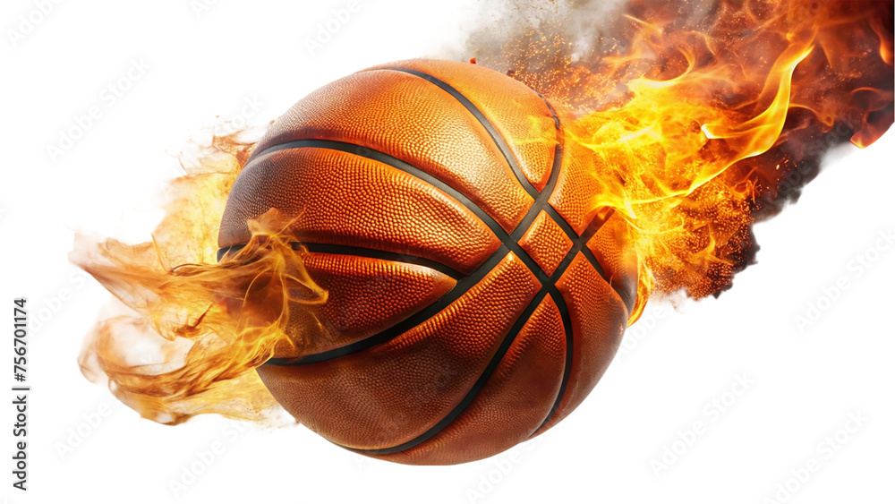Basketball ball with fire flames isolated on transparent background.