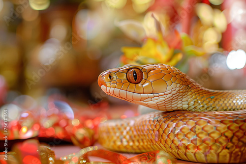 Yellow snake close up shot on festive background. Symbol of the Chinese year of the wood snake 2025 with copy space for text