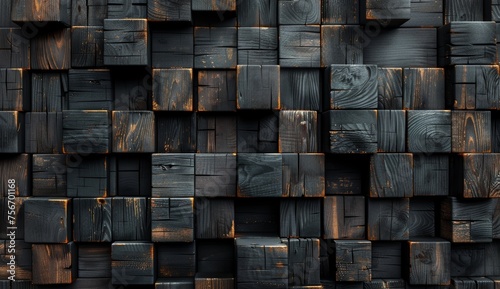 Dark gray background with wooden blocks of various sizes and shapes  arranged in an abstract pattern.